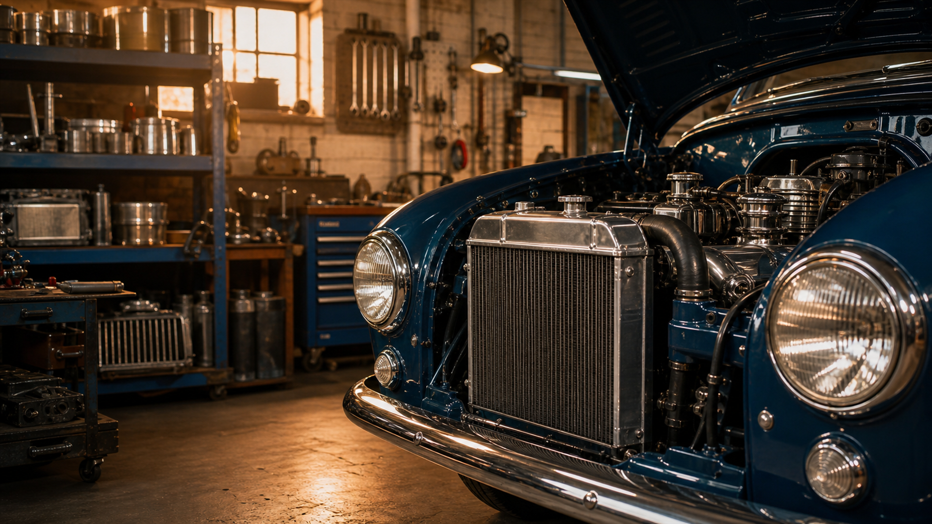 Classic car with its radiator exposed in the Auckland Radiators workshop